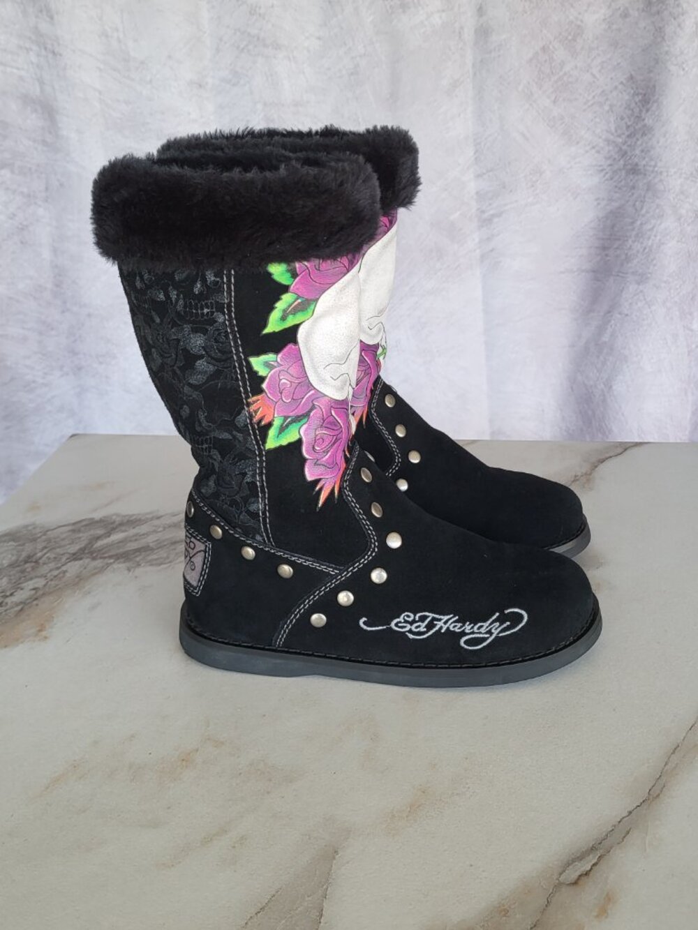 Ed Hardy Faux Fur Snow Boots Black Women's Size 6 - Picture 2 of 15